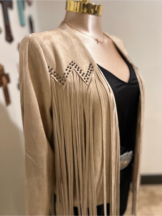 Vocal Jackets & Blazers - Vocal Fringed Suede-Style Open Front Jacket - Taupe